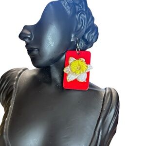 2.5 Red Hand-Painted Flower Earrings